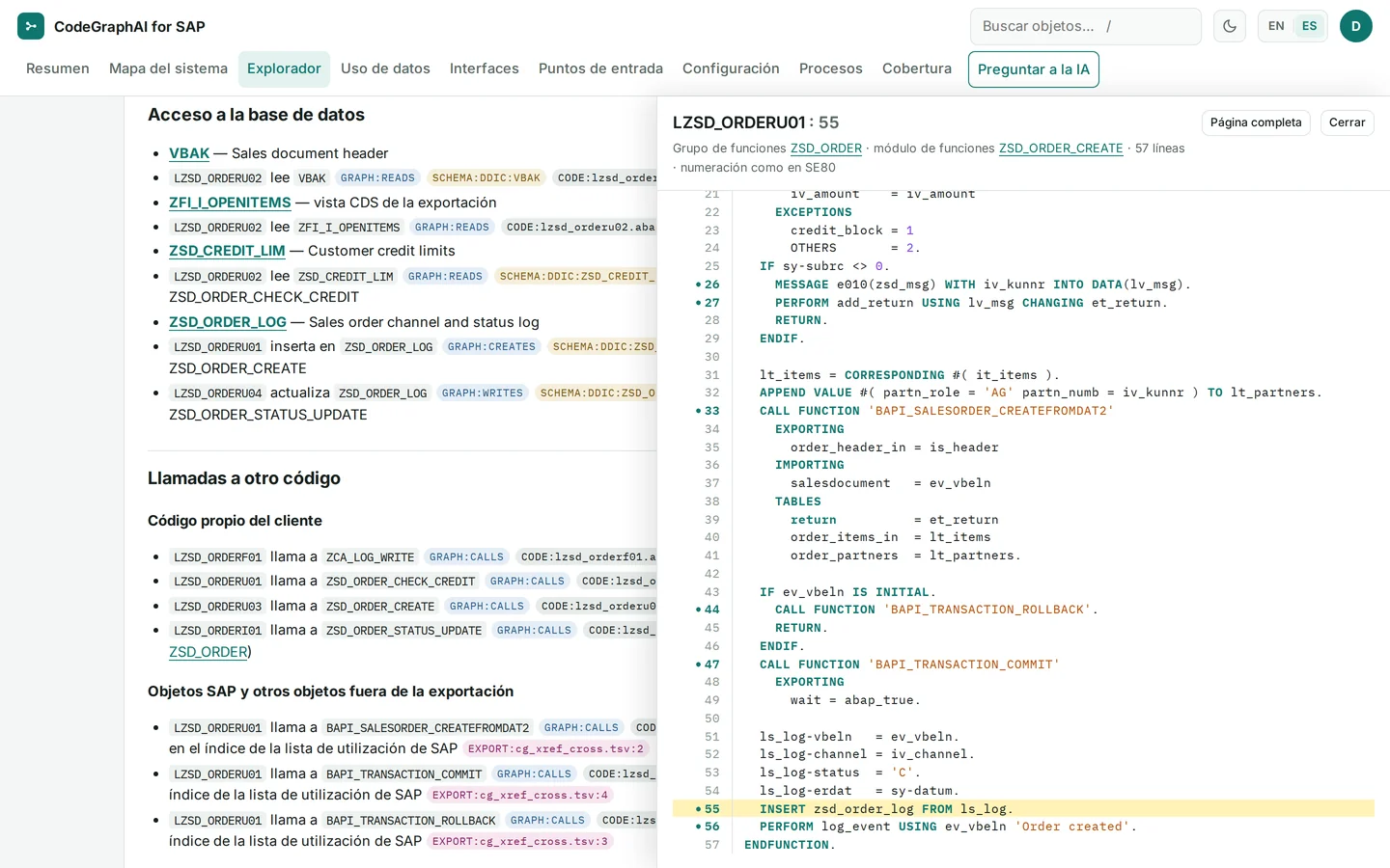 Al hacer clic en la cita CODE:lzsd_orderu01.abap:55 se abre el panel de código del include LZSD_ORDERU01 con la línea 55, INSERT zsd_order_log FROM ls_log., resaltada junto a la documentación que la cita.