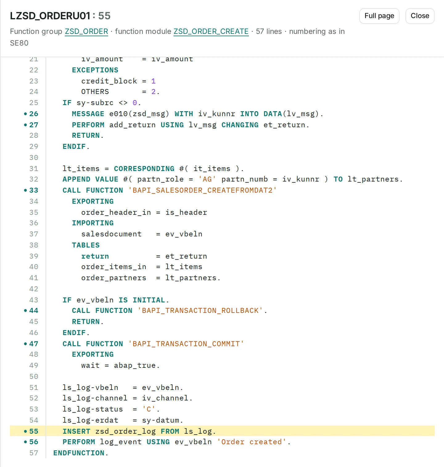 Source of include LZSD_ORDERU01, numbered as in SE80, with cited lines marked and line 55, INSERT zsd_order_log FROM ls_log., highlighted.