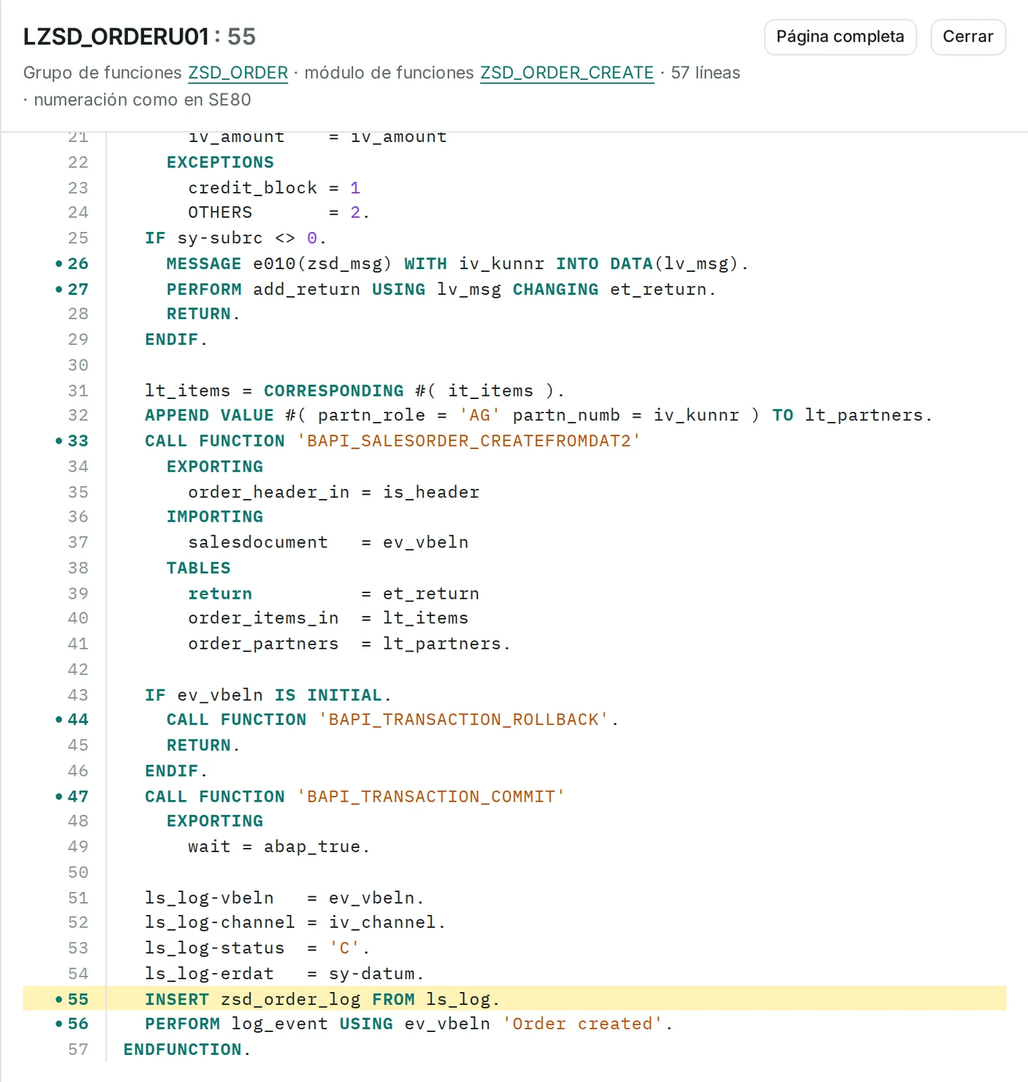 Código del include LZSD_ORDERU01, numerado como en SE80, con las líneas citadas marcadas y la línea 55, INSERT zsd_order_log FROM ls_log., resaltada.