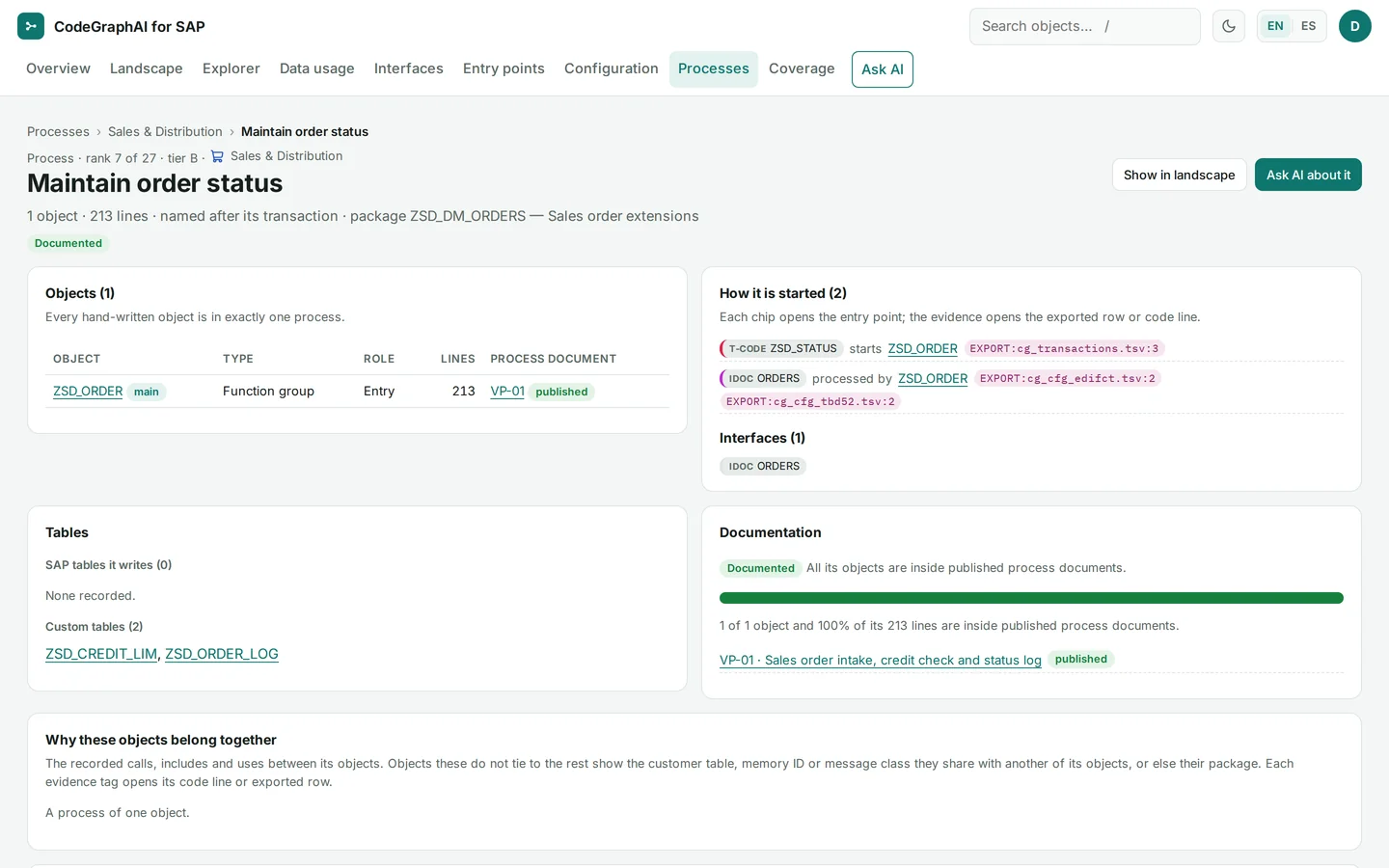 Process detail "Maintain order status": its object, how it is started with exported-row citations, the custom tables it uses, and documentation coverage by a published process document.