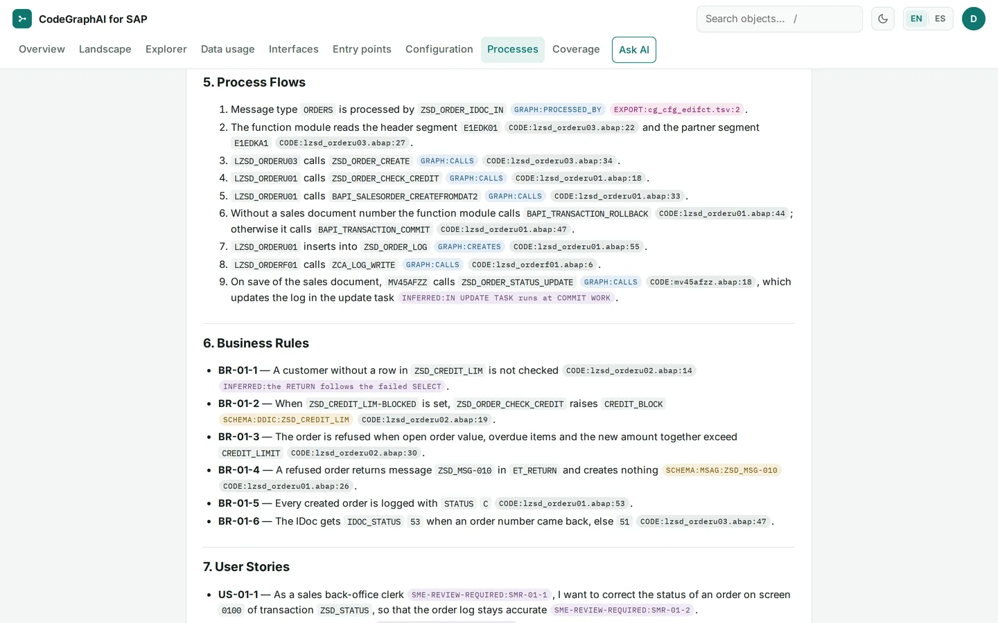 Process document VP-01, sections 5 to 7: numbered process flow steps, business rules and user stories, each line with GRAPH, CODE, EXPORT or INFERRED chips and SME-REVIEW-REQUIRED markers.