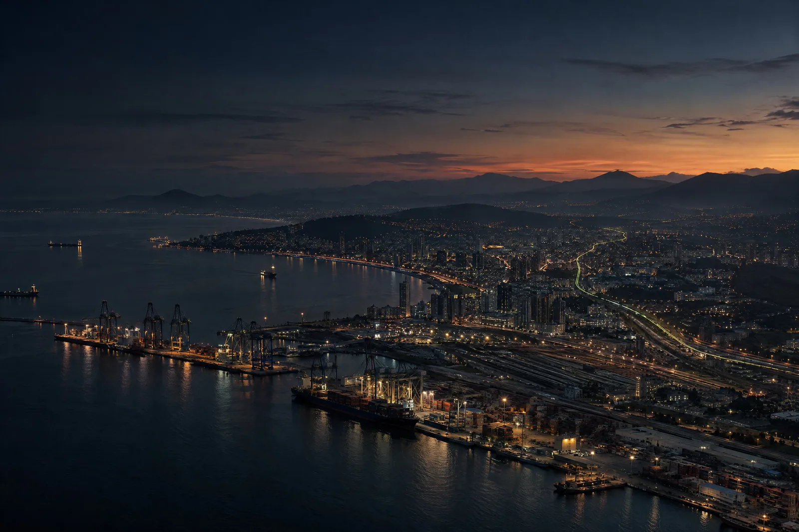 Dusk panorama of a Latin-American city and its port, its districts linked by lines of light.