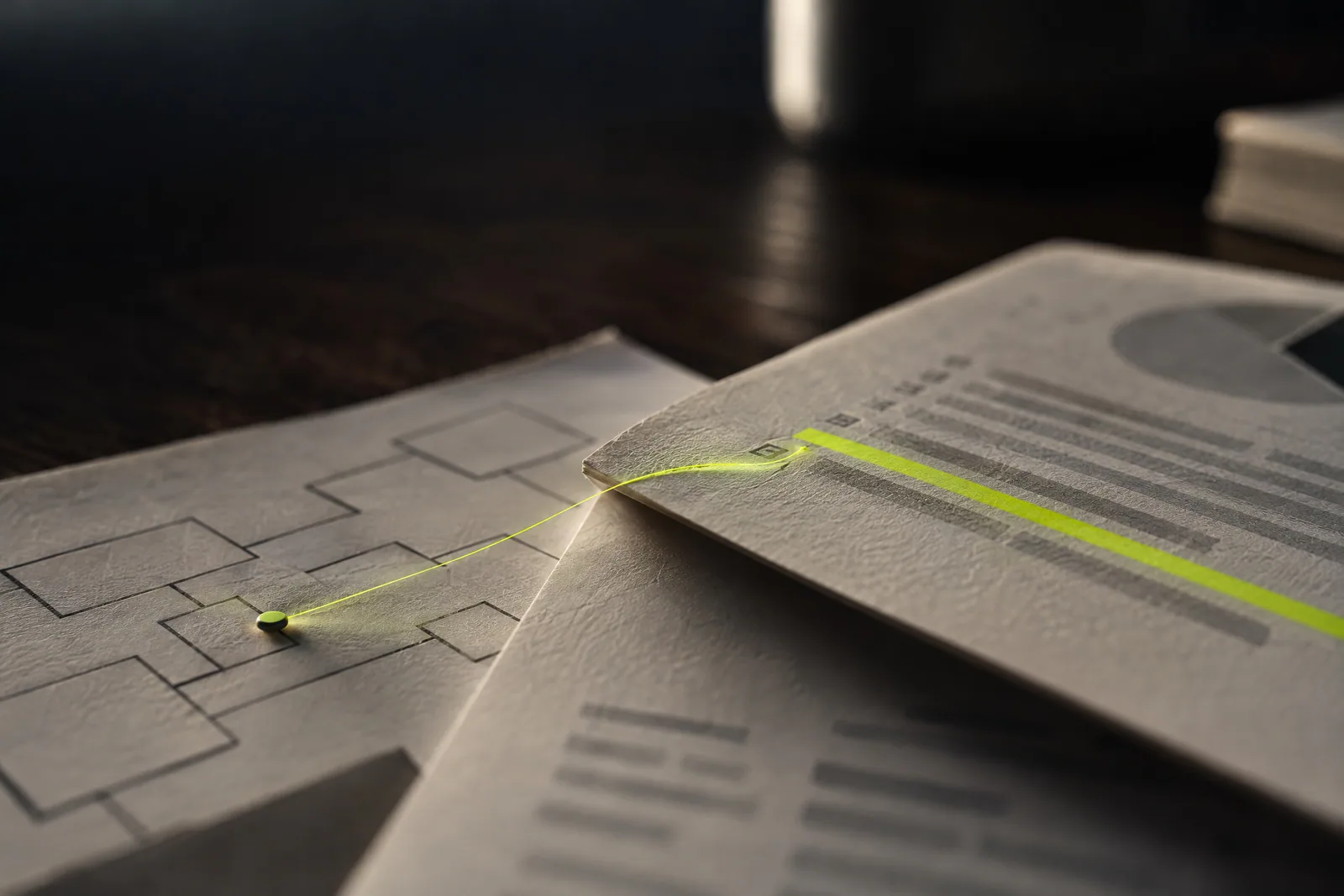 Macro photograph: a lime thread joins a highlighted line of a printed report to a pin on a process diagram.