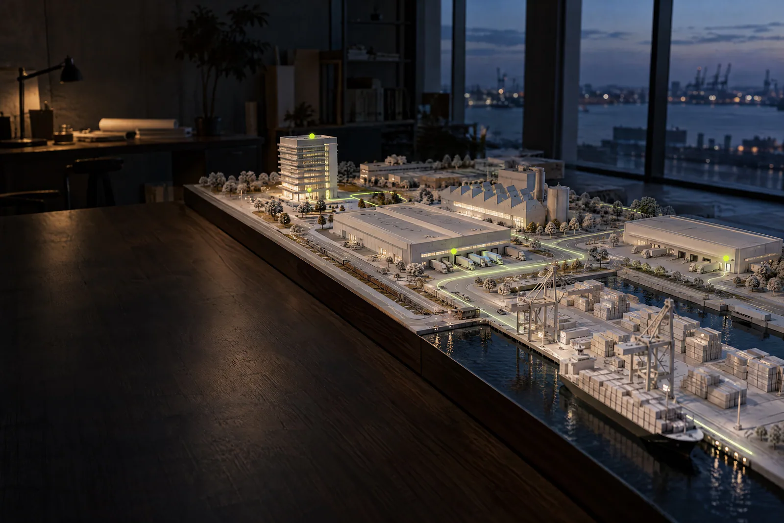 Architectural scale model of a company’s world at blue hour. A lime thread of light traces one order’s route through its districts.