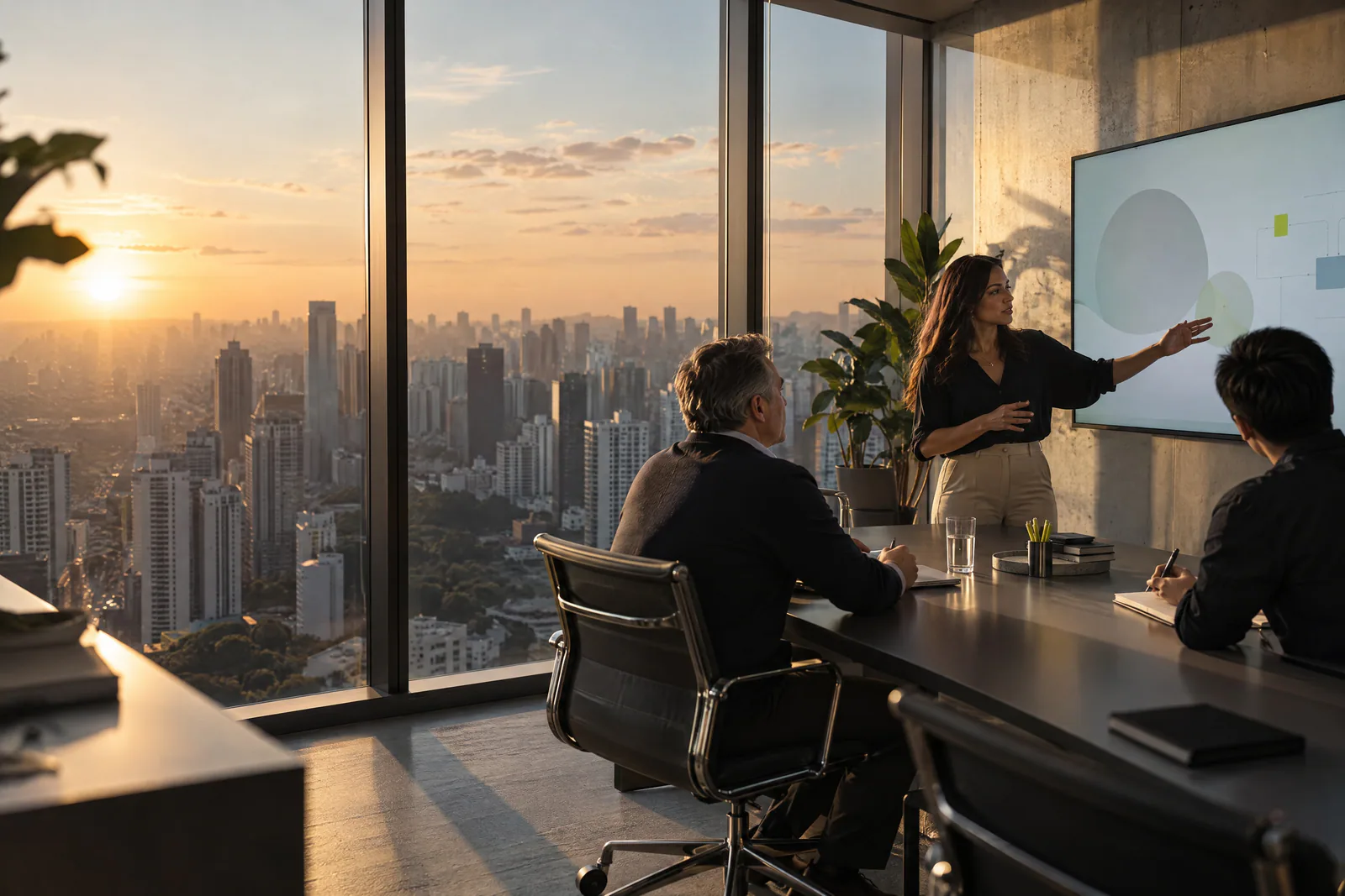 A multilingual team in a São Paulo meeting room at golden hour.