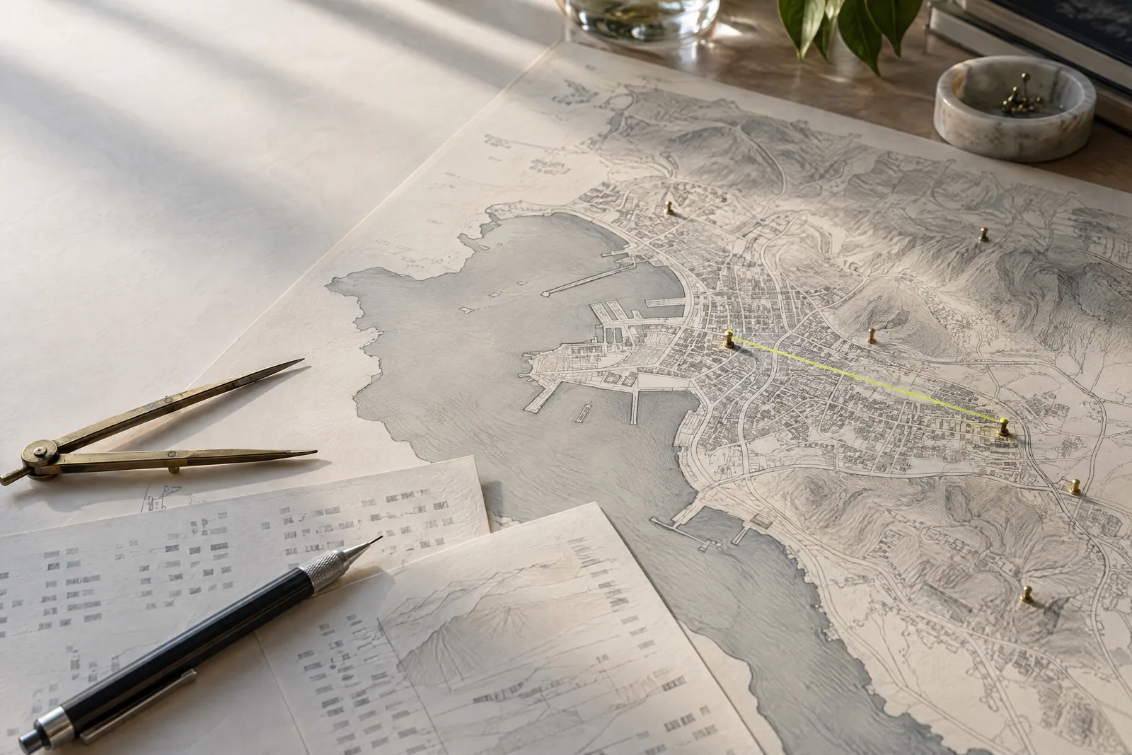 Uma prancheta com um mapa desenhado à mão, um compasso de latão e um fio verde-limão esticado entre dois alfinetes.