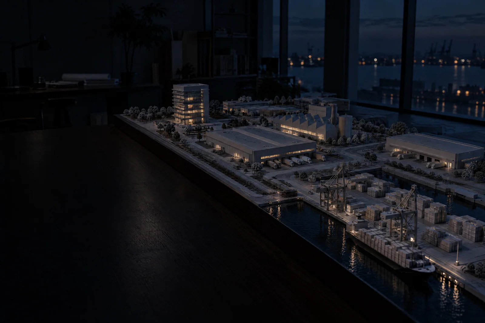 The same scale model at night with its lights off: only a few windows are lit, and no route is visible.