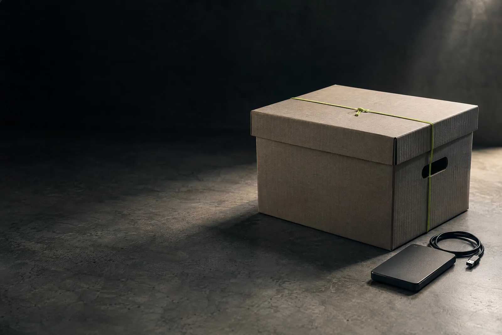 A sealed archive box and a drive, tied together with a lime thread.