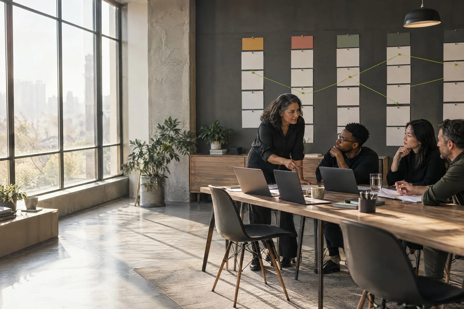 A migration planning room, its walls covered with cards grouped by business area.